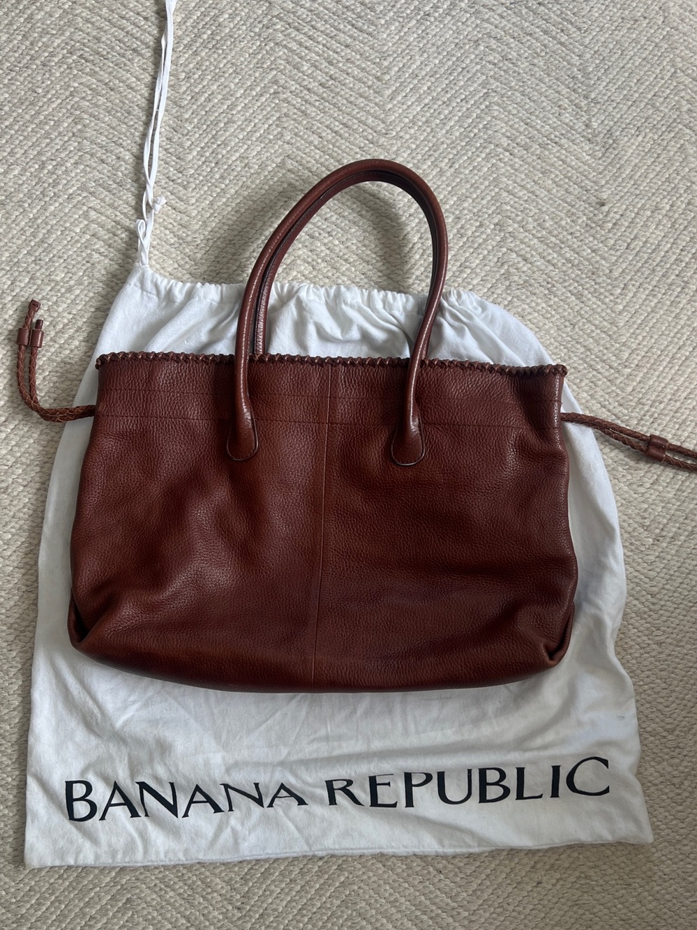 Banana Republic Tobacco Brown Leather Tote Bag Whipstitch Drawstring Large